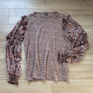 Floral Brown Ruffle SHEIN Sleeve Cozy Feminine Top
